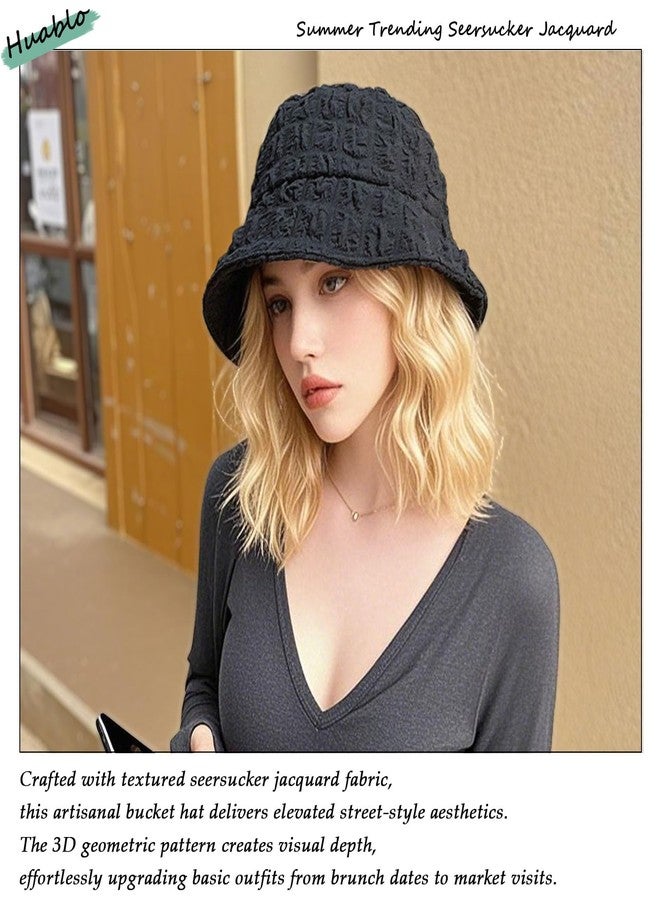 huablo Women's Lightweight Seersucker Jacquard Bucket Hat, Cute Sun Beach Hat, Packable Fisherman Cap for Outdoor Hiking Travel Black - Image 2